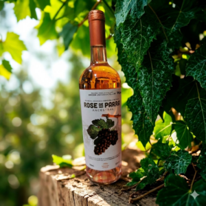 Botella de vino Rose de Parra Ancestral en entorno natural Pirque